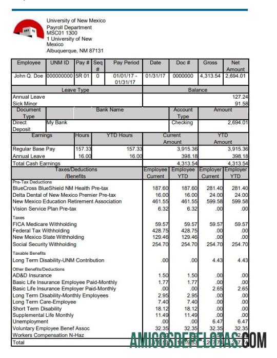 Imprimível Modelo Word e PDF de recibo de pagamento da Universidade do Novo México